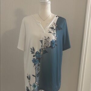 SHEIN Teal White Floral Henley Tee Size L Short Sleeve Casual Top